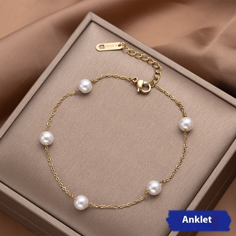 Pearl Titanium Steel Anklet Female Accessories Women's Beach Jewelry Brand: aeac