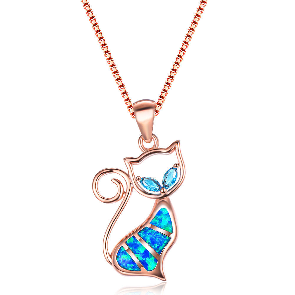 Two Aqua Blue Diamonds + Blue Opal Cat Pendant Necklace Brand: aeac