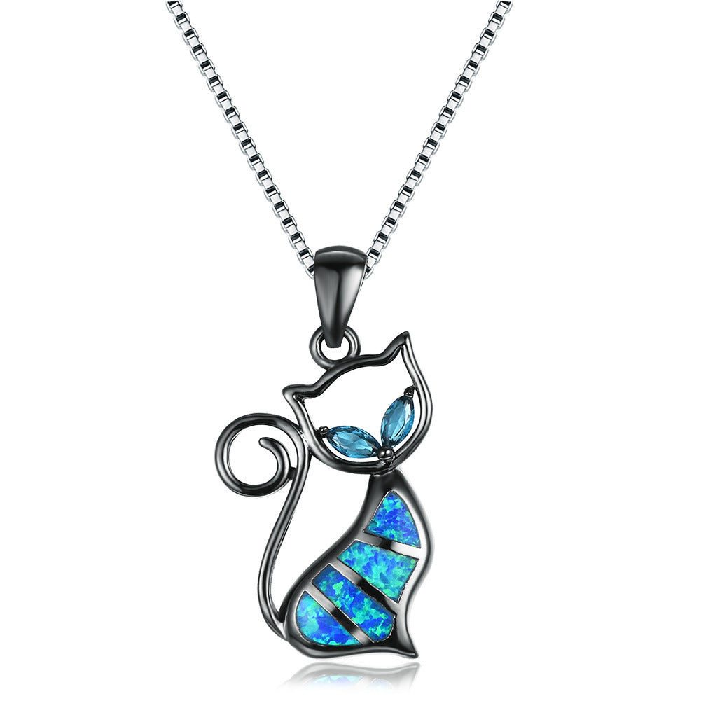 Two Aqua Blue Diamonds + Blue Opal Cat Pendant Necklace Brand: aeac