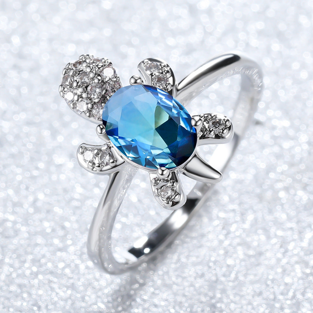 White Gold Blue Diamond Tortoise Ring Men's Fashion Ol Wind Ring Brand: aeac