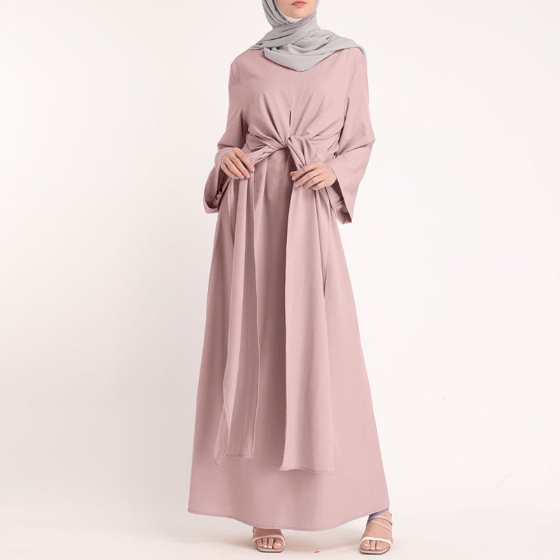 Long-Sleeved Belt Solid Round Neck Dress Brand: aeac