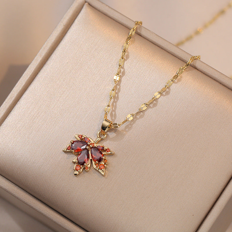 Zircon Maple Leaf Fashion Simple Temperament Non-fading Inlaid Purple Maple Leaf Necklace Brand: aeac