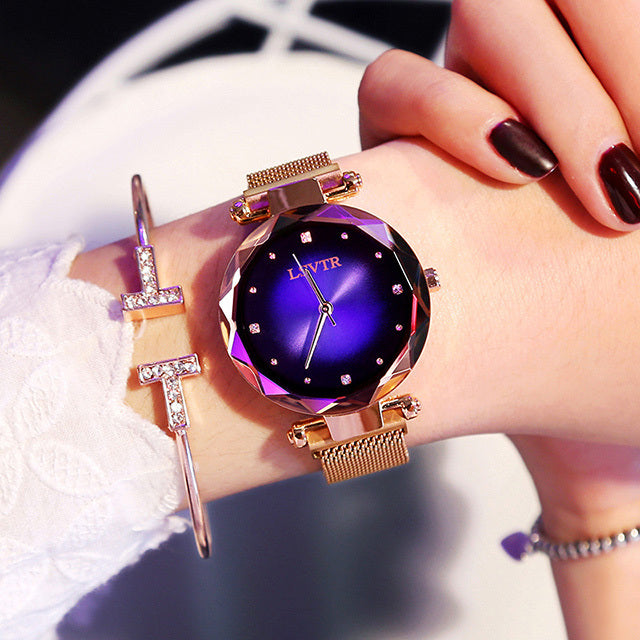 Rose Gold Women Watches Fashion Diamond Ladies Starry Sky Magnet Watch Waterproof Female Wristwatch Brand: aeac
