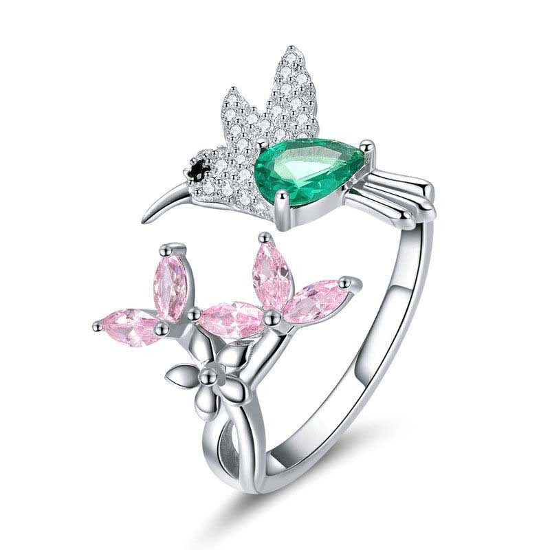 Hummingbird and Flower Ring Opening Color Zircon Platinum Plated S925 Silver Ring Brand: aeac
