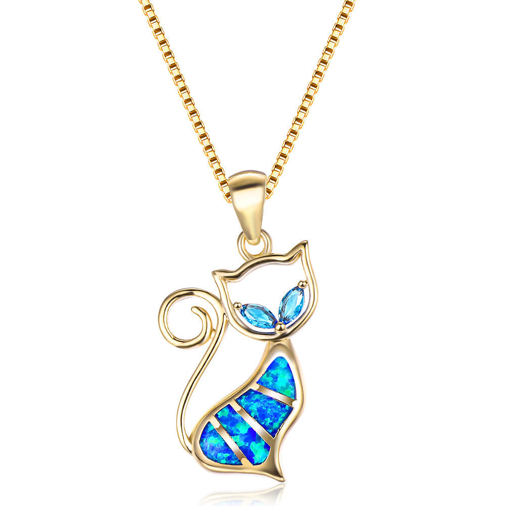 Two Aqua Blue Diamonds + Blue Opal Cat Pendant Necklace Brand: aeac