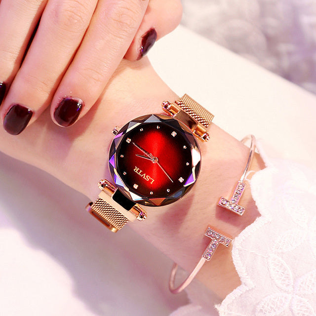 Rose Gold Women Watches Fashion Diamond Ladies Starry Sky Magnet Watch Waterproof Female Wristwatch Brand: aeac