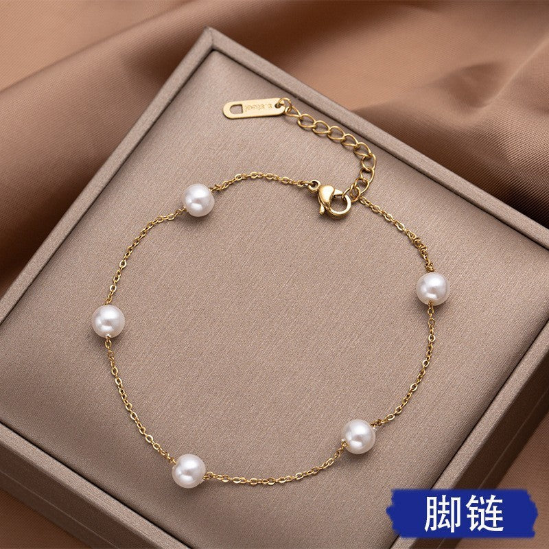 Pearl Titanium Steel Anklet Female Accessories Women's Beach Jewelry Brand: aeac