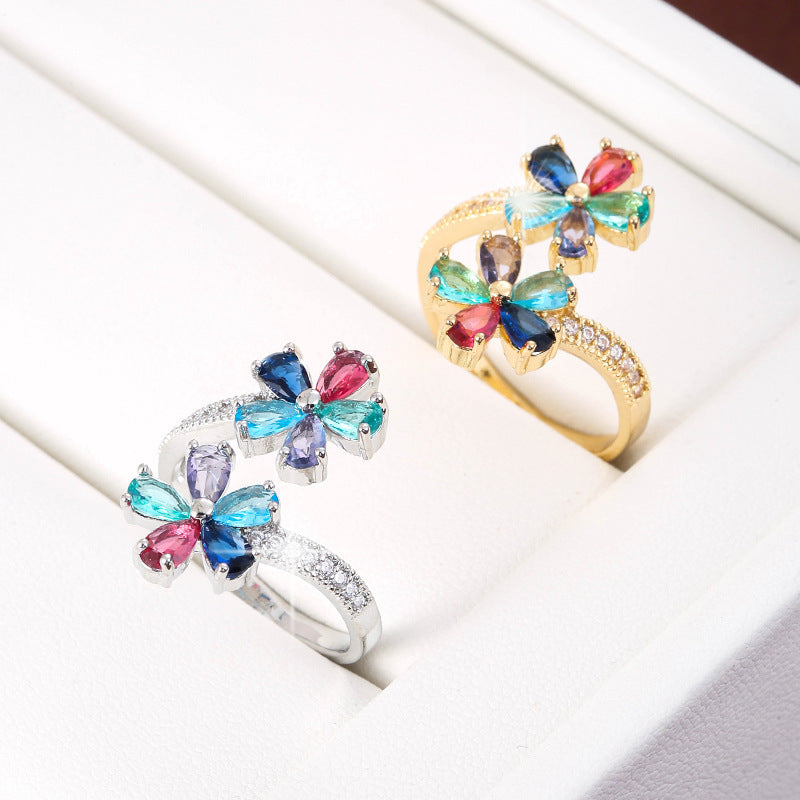 Fashion Color Zircon Flower Shape Ring Brand: aeac