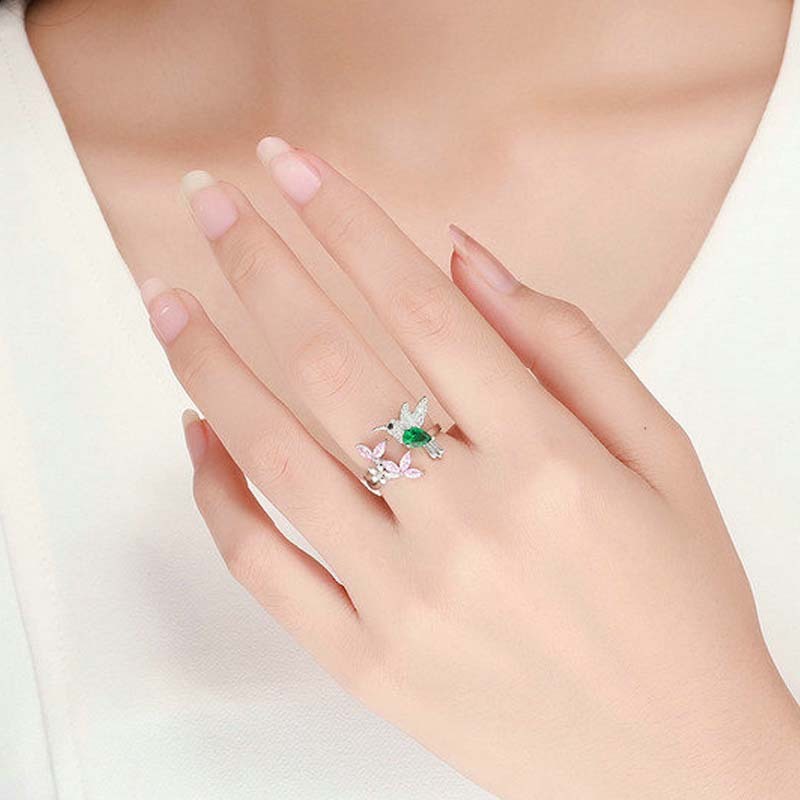 Hummingbird and Flower Ring Opening Color Zircon Platinum Plated S925 Silver Ring Brand: aeac