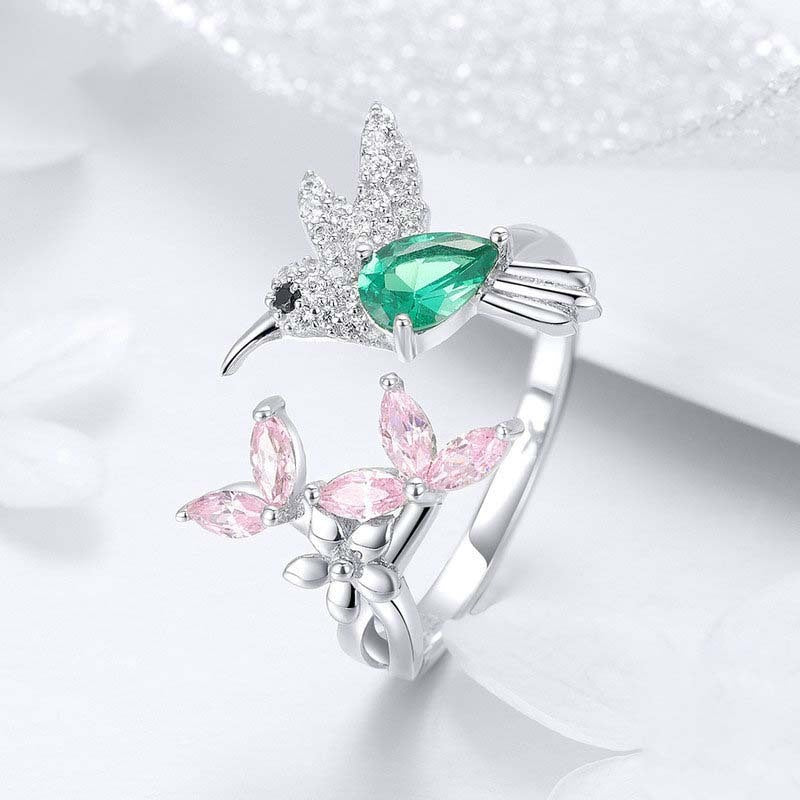 Hummingbird and Flower Ring Opening Color Zircon Platinum Plated S925 Silver Ring Brand: aeac