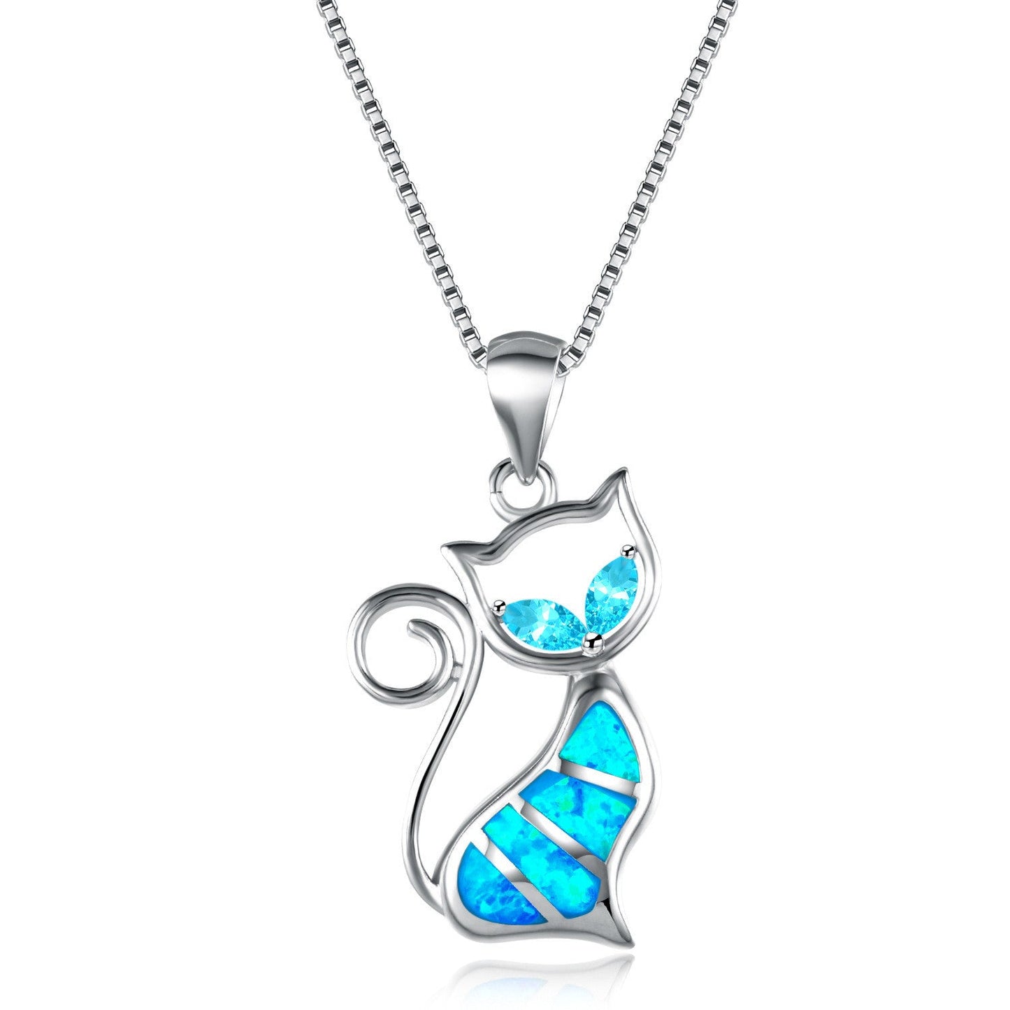Two Aqua Blue Diamonds + Blue Opal Cat Pendant Necklace Brand: aeac