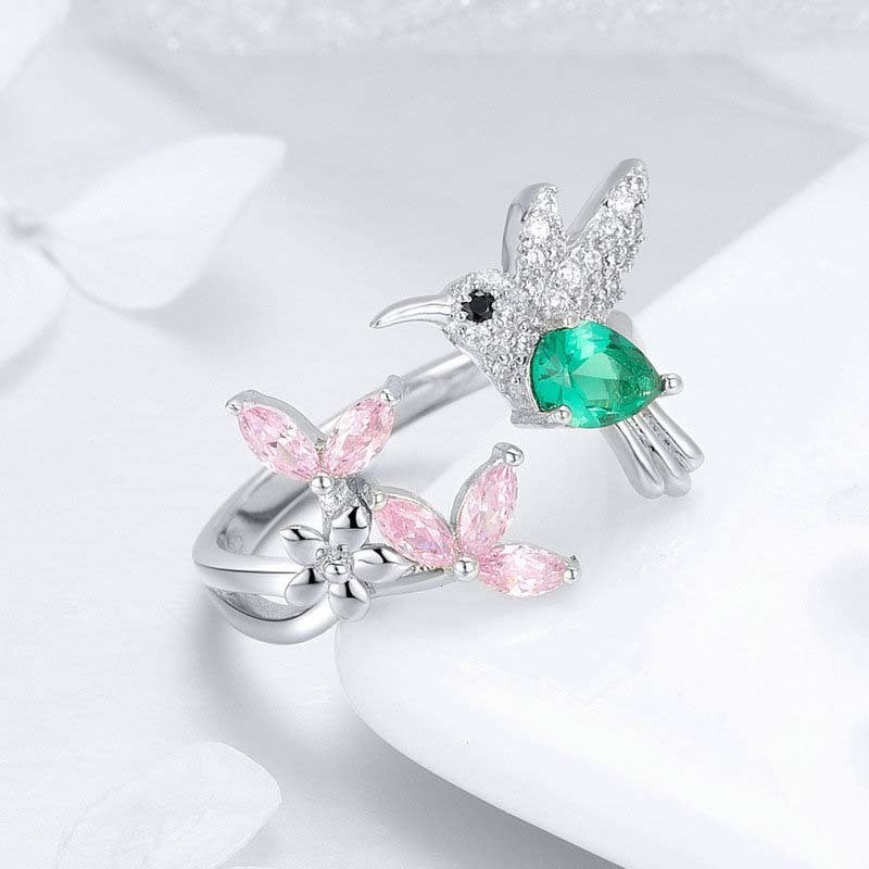 Hummingbird and Flower Ring Opening Color Zircon Platinum Plated S925 Silver Ring Brand: aeac