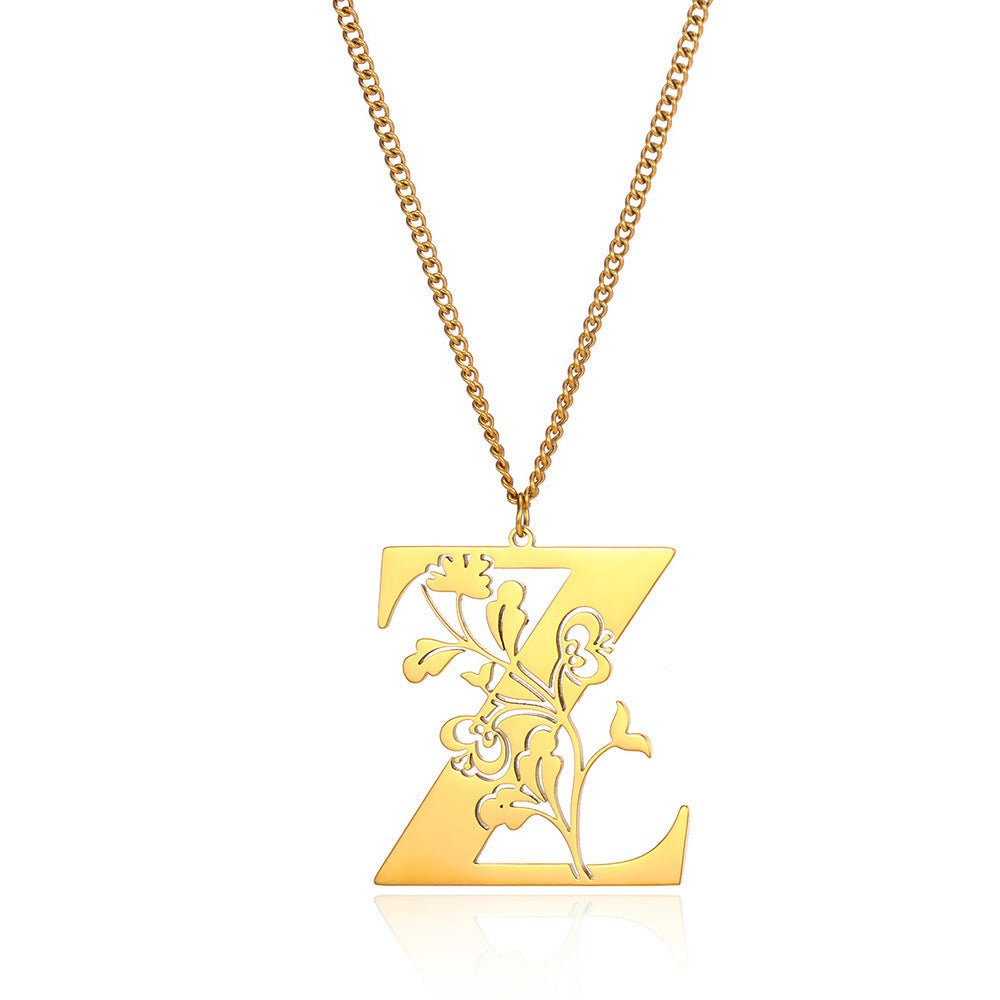 Stainless Steel 26 English Flower Letter Necklace Brand: aeac