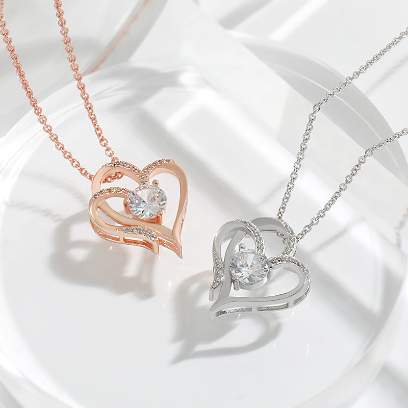 Zircon Double Love Necklace With Rhinestones Ins Personalized Heart-shaped Necklace Clavicle Chain Jewelry For Women Valentine's Day Brand: aeac