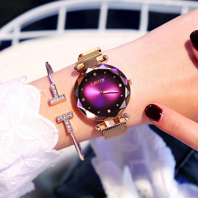 Rose Gold Women Watches Fashion Diamond Ladies Starry Sky Magnet Watch Waterproof Female Wristwatch Brand: aeac