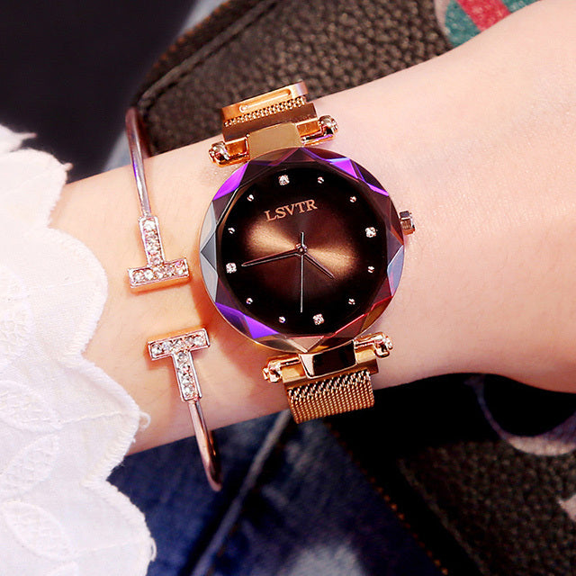Rose Gold Women Watches Fashion Diamond Ladies Starry Sky Magnet Watch Waterproof Female Wristwatch Brand: aeac