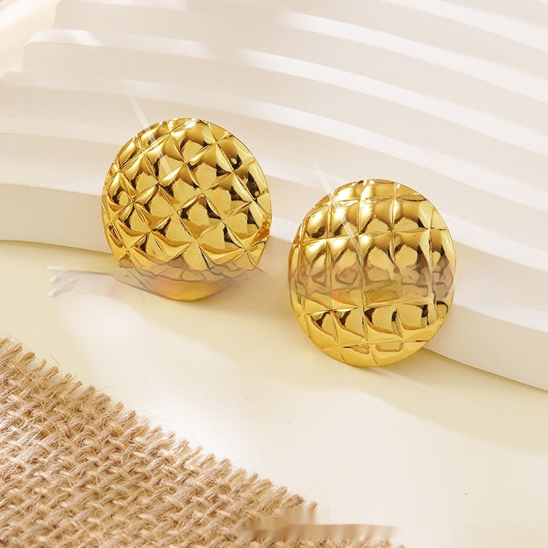 Retro Titanium Steel Round Plaid Earrings Brand: aeac