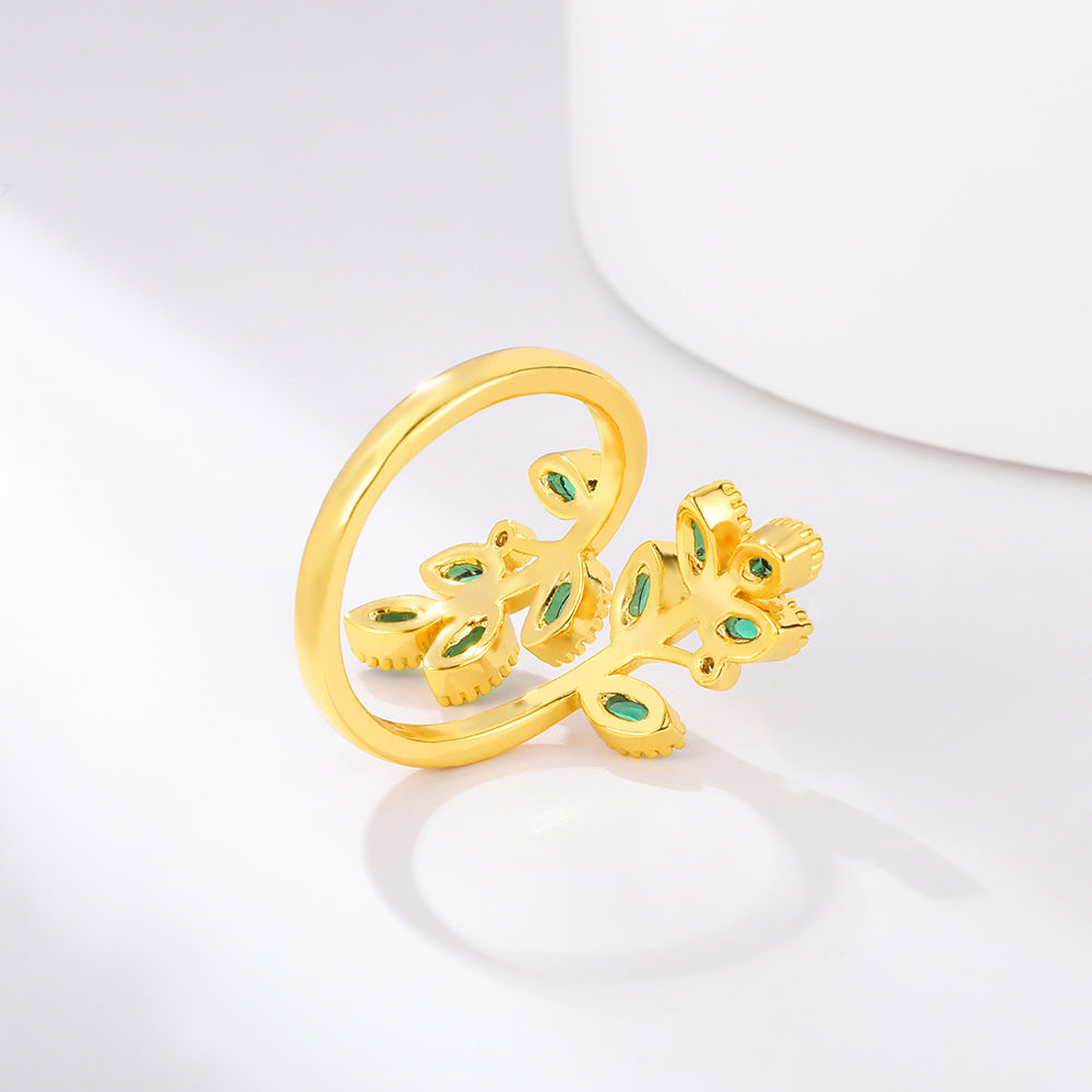 Simple Inlaid Zircon Leaf Cross Ring – Adjustable Fashion Jewelry Brand: aeac