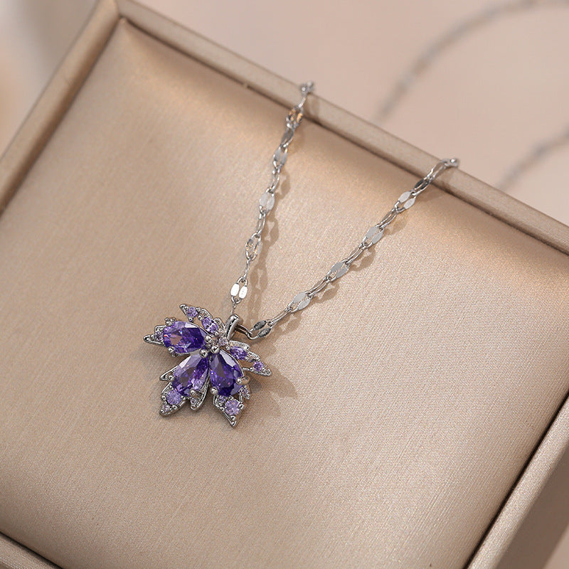 Zircon Maple Leaf Fashion Simple Temperament Non-fading Inlaid Purple Maple Leaf Necklace Brand: aeac