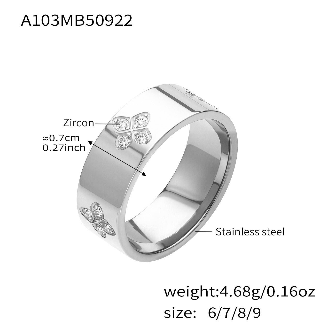 Stainless Steel Ring With Claw Settings And Plum Blossom-shaped Zircon Accents Brand: aeac
