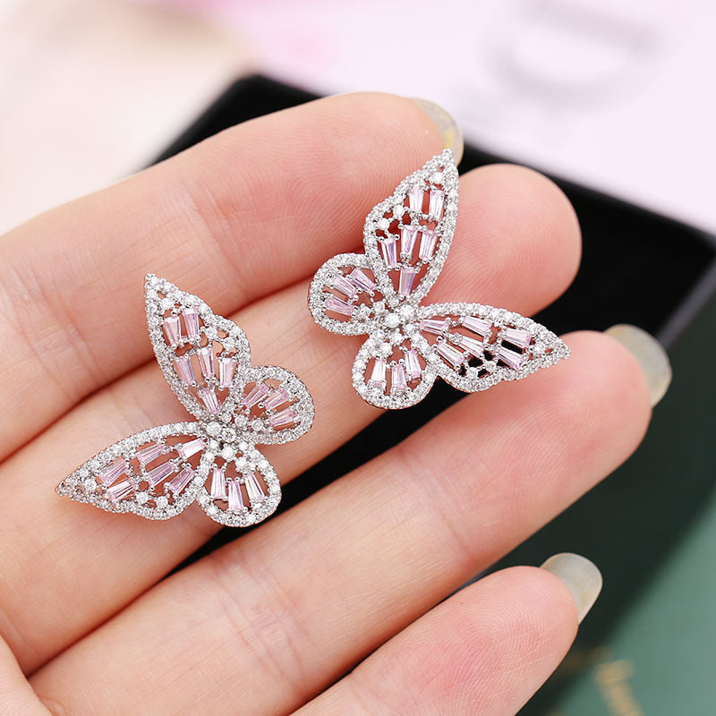 Hollow pink zircon butterfly earrings Brand: aeac