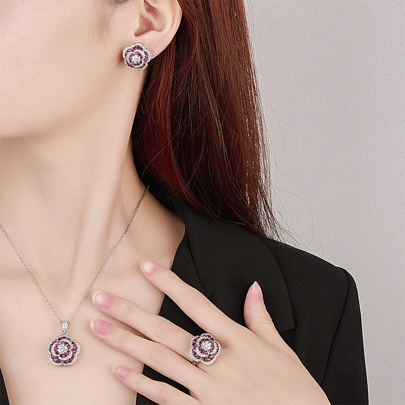 Red Corundum Rose Jewelry Set – Copper Sole Gold-Plated, Elegant Entry-Level Luxury Brand: aeac