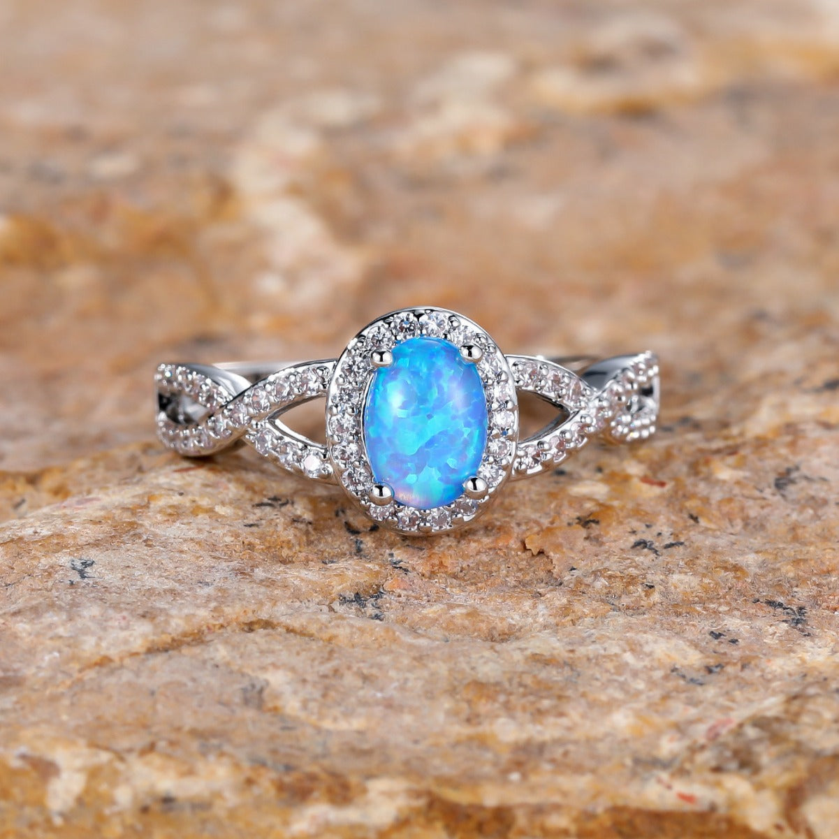 Artistic Retro White K Egg-shaped Blue Opal Edge White Diamond Lace Ring Brand: aeac