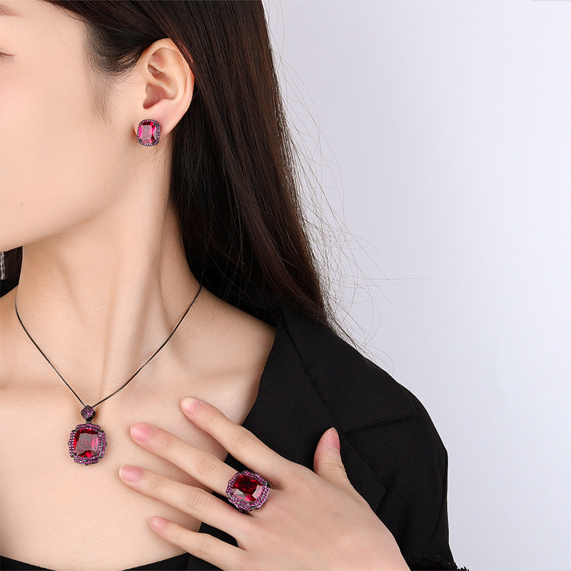 Red Corundum Black Gold Jewelry Set – Copper Gold-Plated, Bold & Personalized Design Brand: aeac