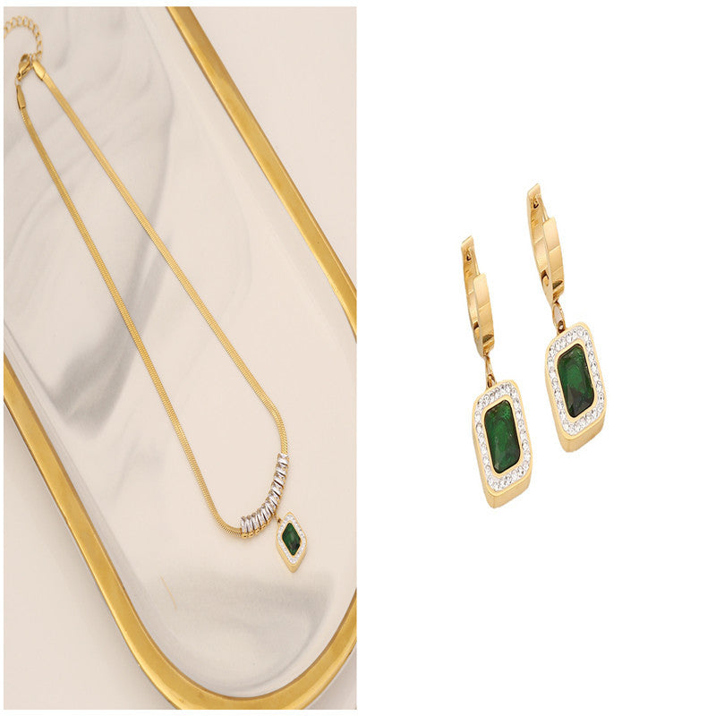 Diamond Emerald Zircon Necklace Stainless Steel Jewelry Set Brand: aeac