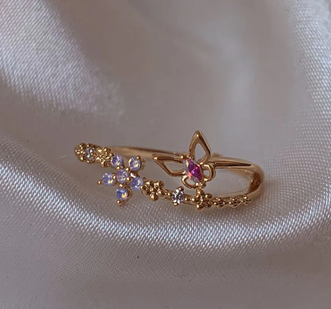 Retro Pink Heart Butterfly Flower Ring – Cute Multi-Element Open Design Brand: aeac