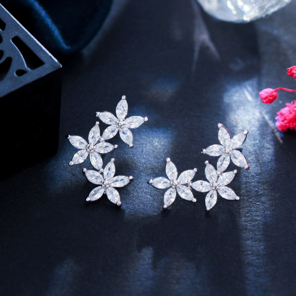 Silver-Plated Cubic Zirconia Cluster Flower And Leaf Stud Earrings