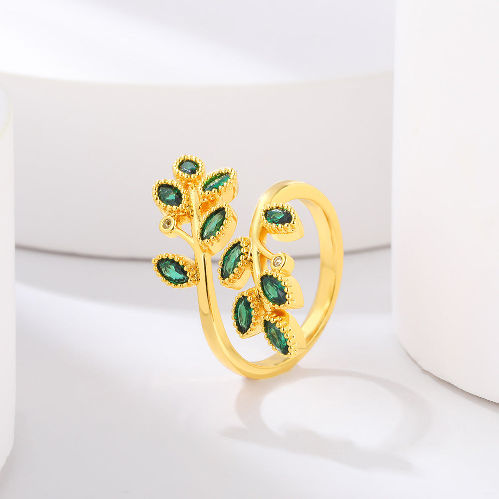 Simple Inlaid Zircon Leaf Cross Ring – Adjustable Fashion Jewelry Brand: aeac