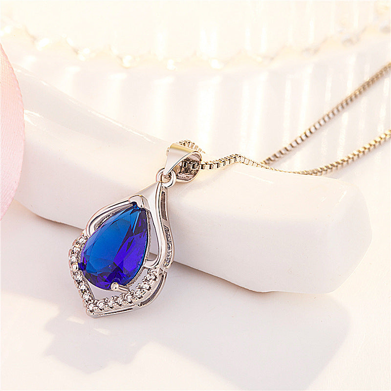 European And American Style New Colored Gems Water Drop Pendant Clavicle Chain Brand: aeac