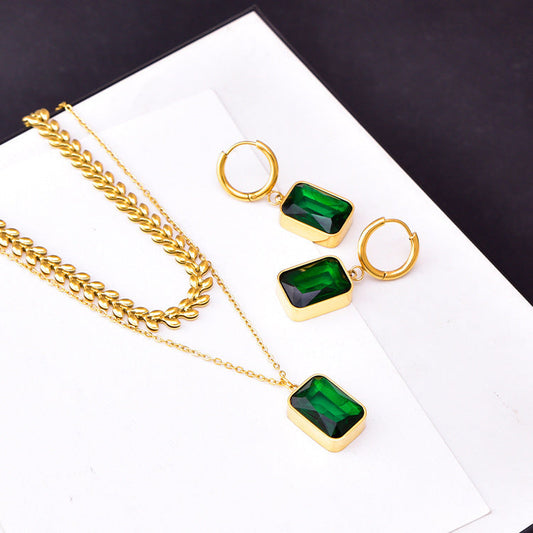 Women's Emerald Double-layer Wheat Lvzuan Necklace Earrings Brand: aeac