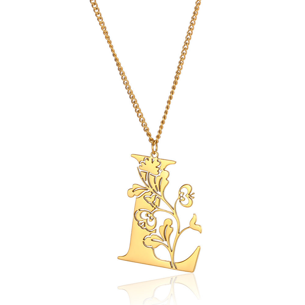 Stainless Steel 26 English Flower Letter Necklace Brand: aeac
