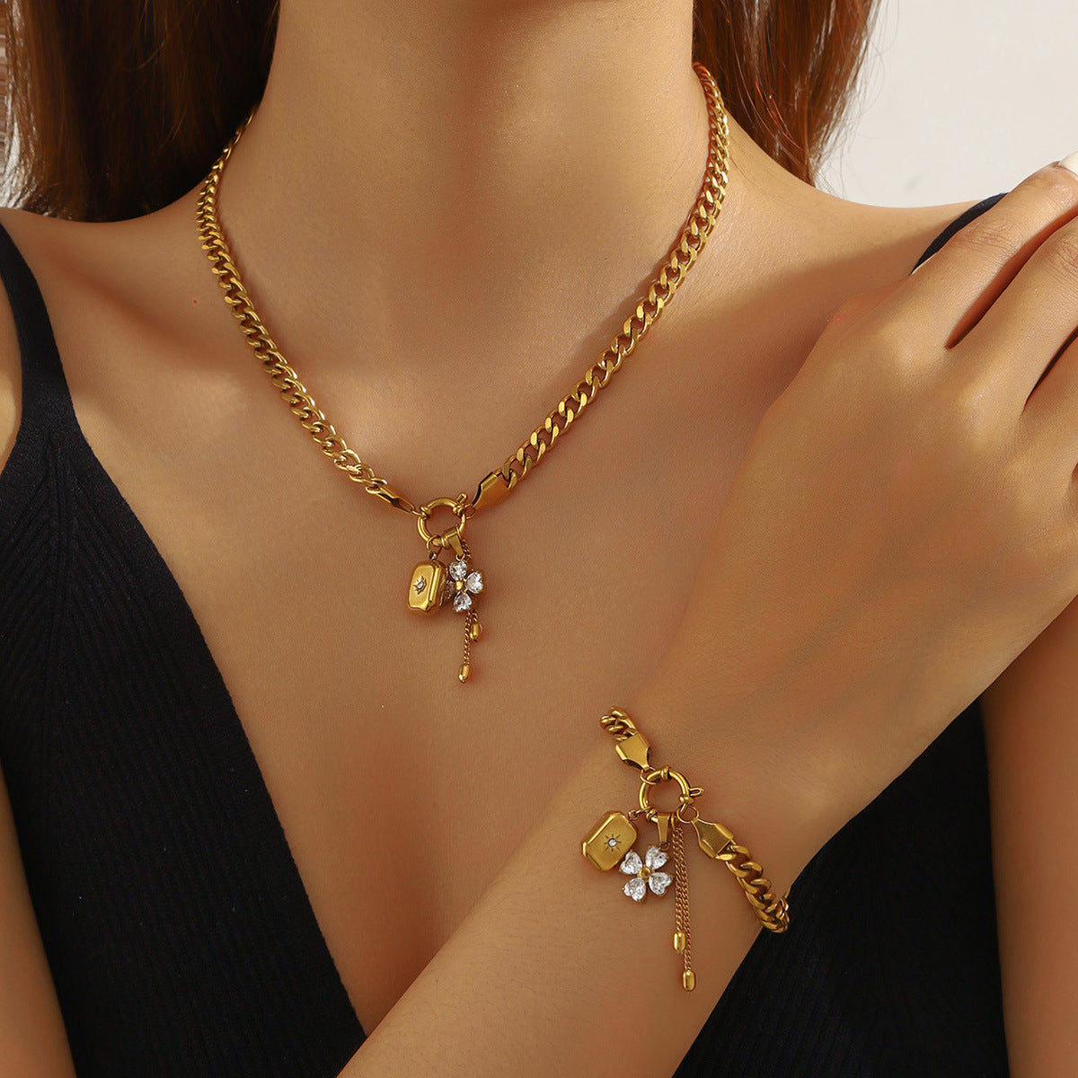 Tassel Stainless Steel Bracelet And Necklace Set Trendy Jewelry Brand: aeac