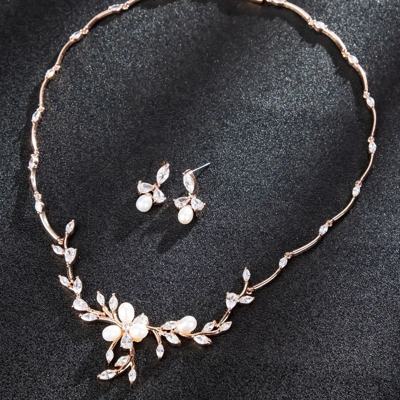 Sweet Pearl Zircon Ear Stud Necklace Jewelry Suit Brand: aeac