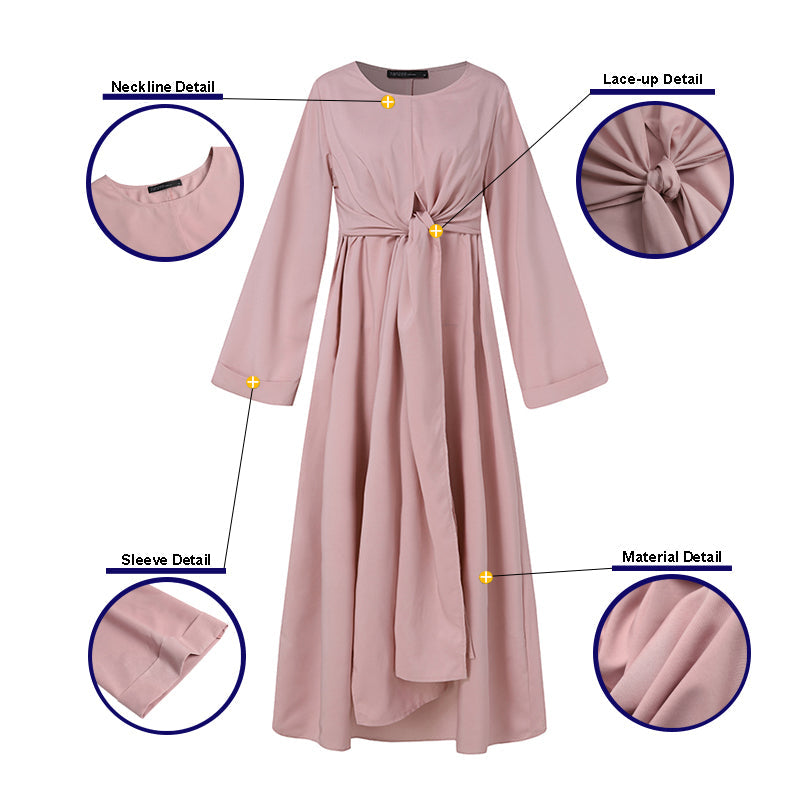 Long-Sleeved Belt Solid Round Neck Dress Brand: aeac