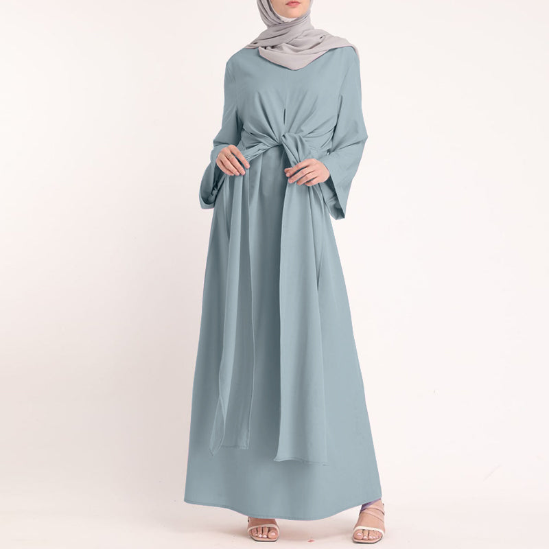 Long-Sleeved Belt Solid Round Neck Dress Brand: aeac
