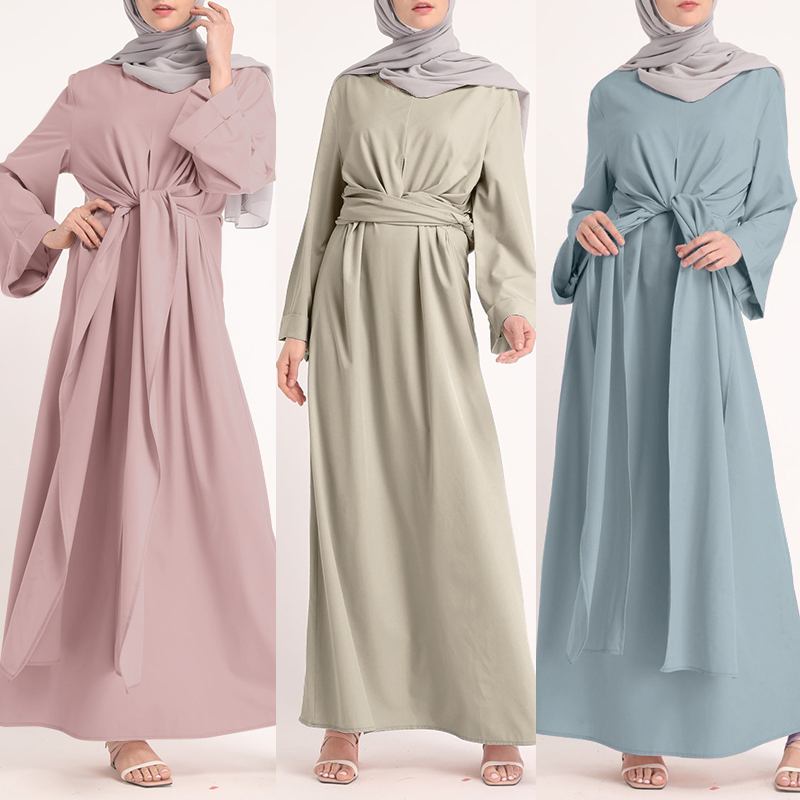 Long-Sleeved Belt Solid Round Neck Dress Brand: aeac