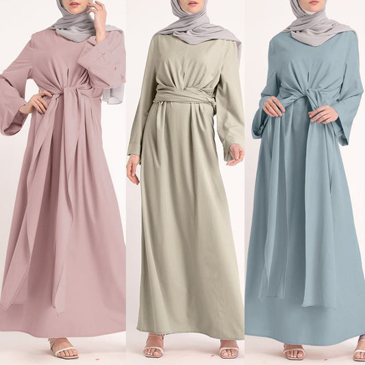 Long-Sleeved Belt Solid Round Neck Dress Brand: aeac