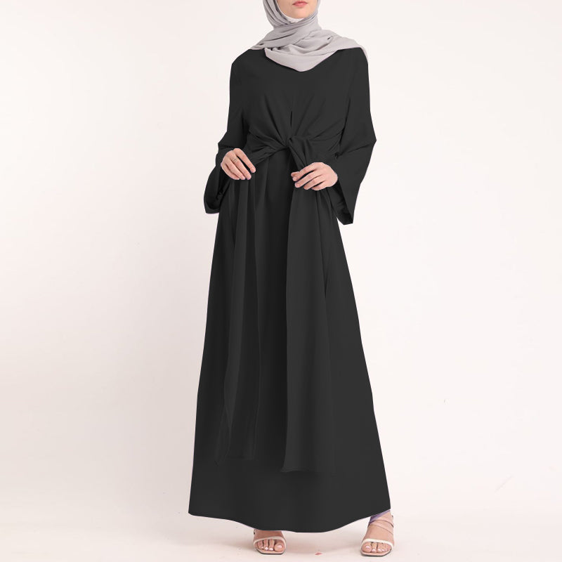 Long-Sleeved Belt Solid Round Neck Dress Brand: aeac