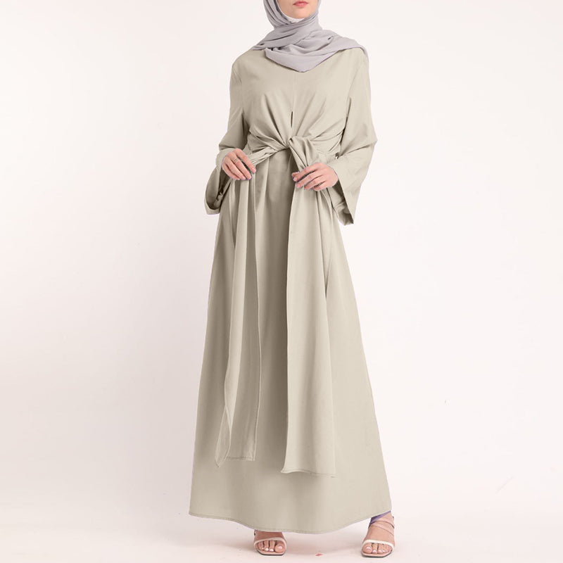 Long-Sleeved Belt Solid Round Neck Dress Brand: aeac