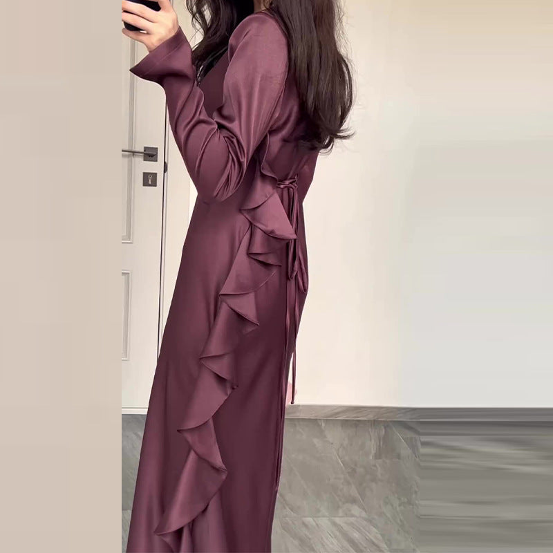 Solid-color Round-neck Ruffled Elegant Womens Dress Brand: aeac