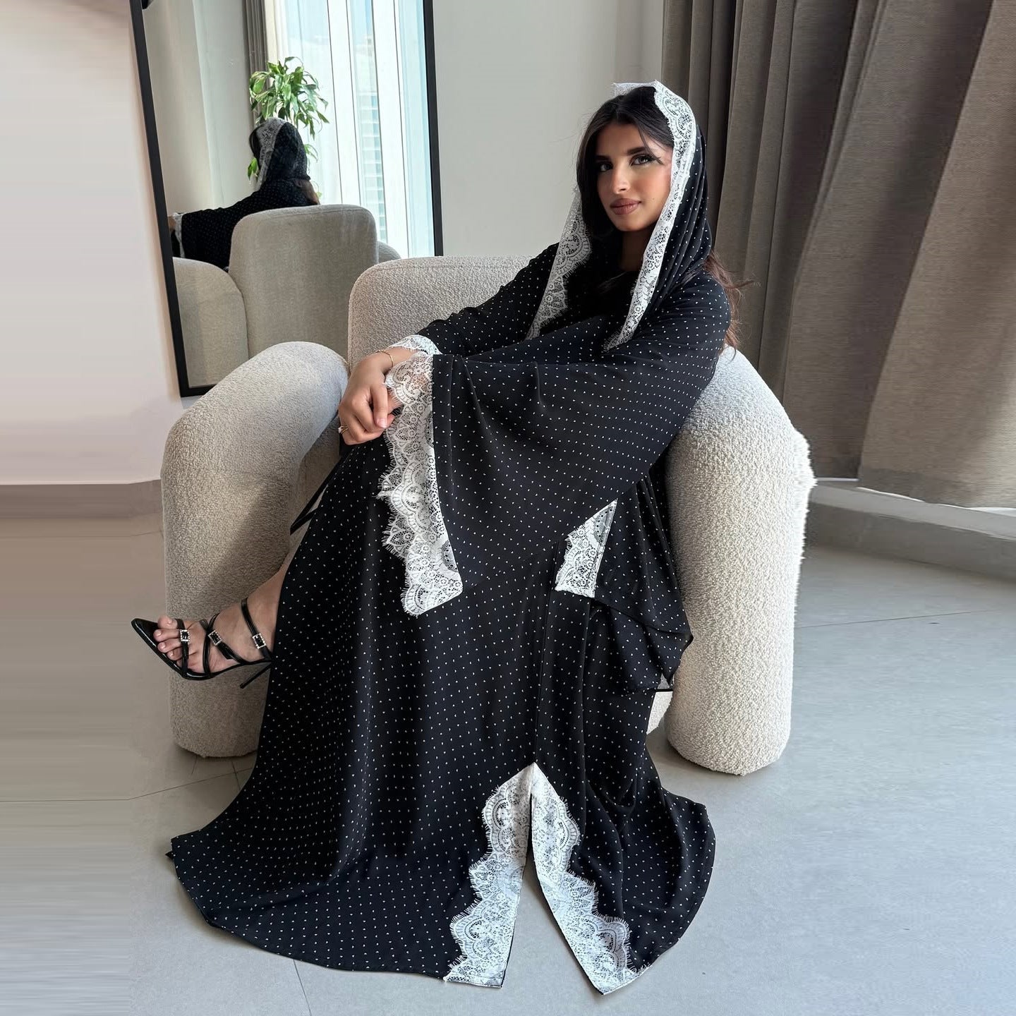 Summer New Sweet Lace Trim Polka Dot Printed Robe Cardigan With Headscarf Brand: aeac