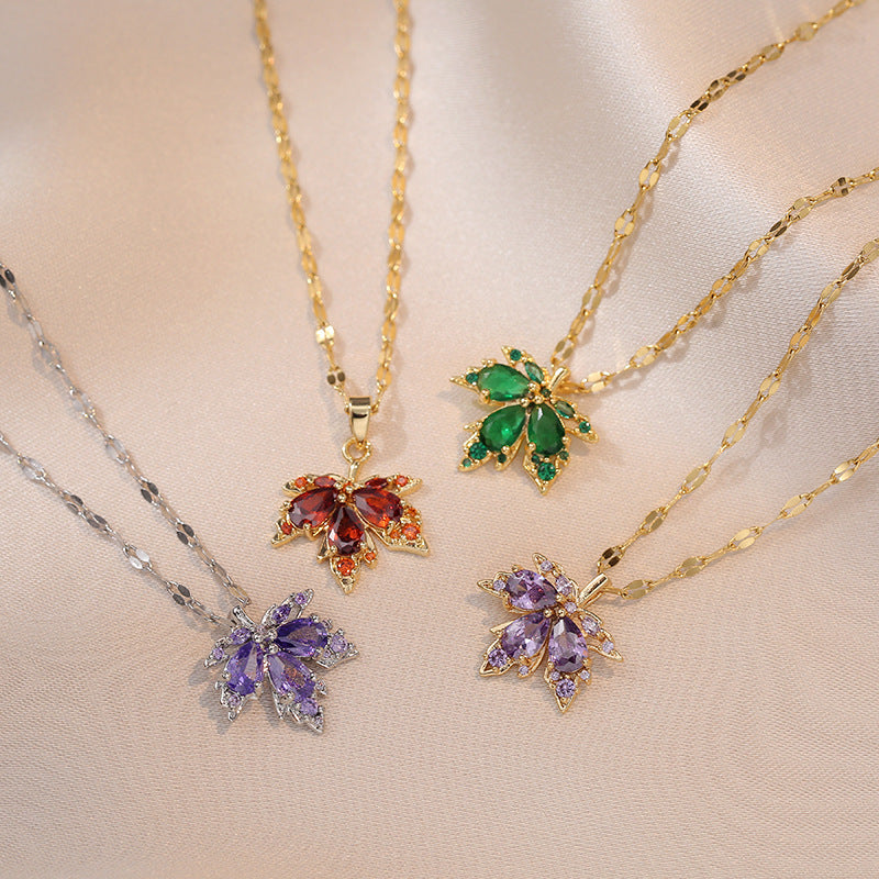 Zircon Maple Leaf Fashion Simple Temperament Non-fading Inlaid Purple Maple Leaf Necklace Brand: aeac