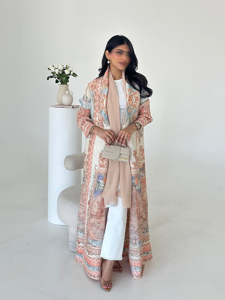 Pleated Print Cardigan Long Coat Arabic Robe Plus Size Brand: aeac