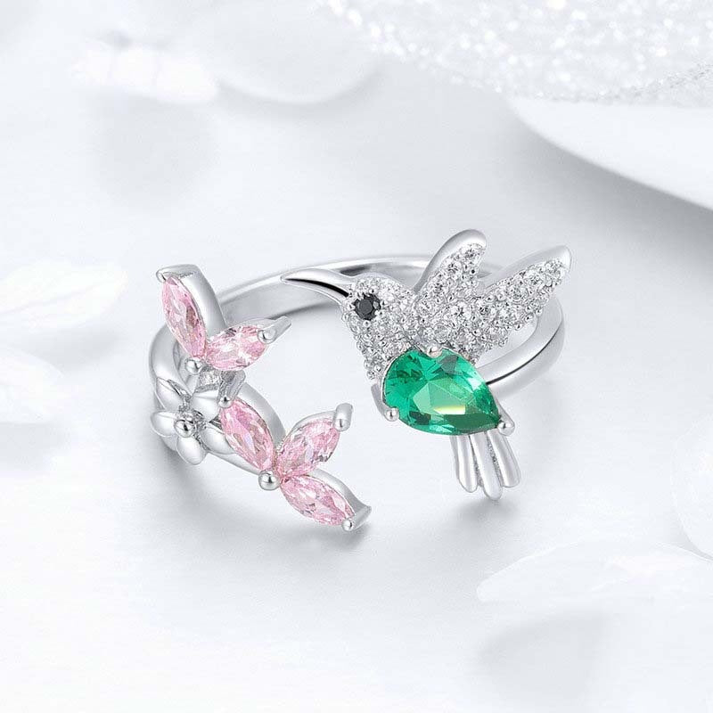 Hummingbird and Flower Ring Opening Color Zircon Platinum Plated S925 Silver Ring Brand: aeac