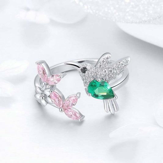 Hummingbird and Flower Ring Opening Color Zircon Platinum Plated S925 Silver Ring Brand: aeac