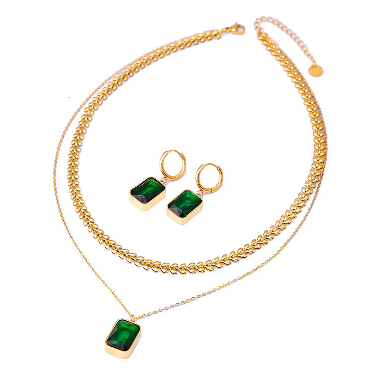 Women's Emerald Double-layer Wheat Lvzuan Necklace Earrings Brand: aeac